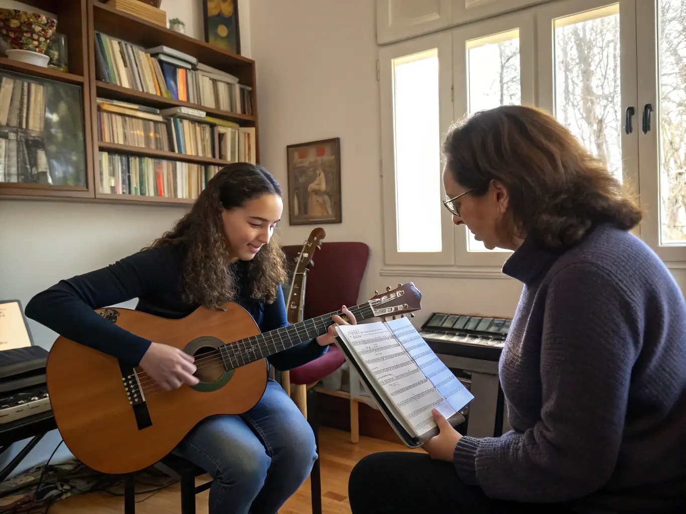 A focused image of a music student receiving personalized instruction on guitar from a skilled mentor, highlighting the one-on-one learning environment and the development of musical skills.