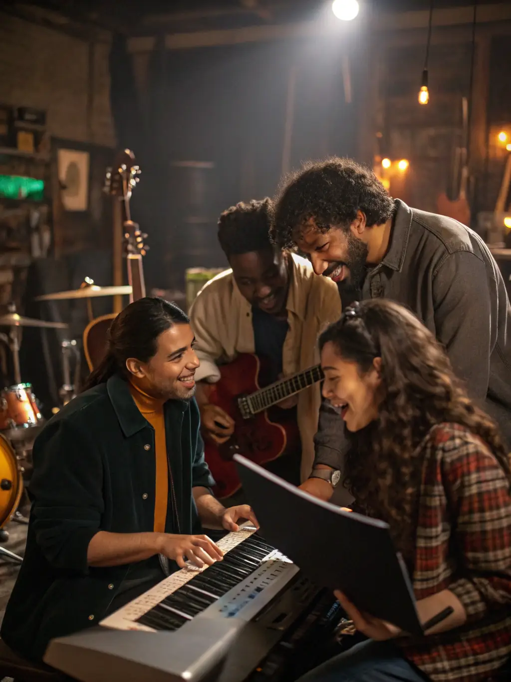 A dynamic image of a music workshop in progress, showing participants actively engaged in learning and creating music with guidance from instructors.