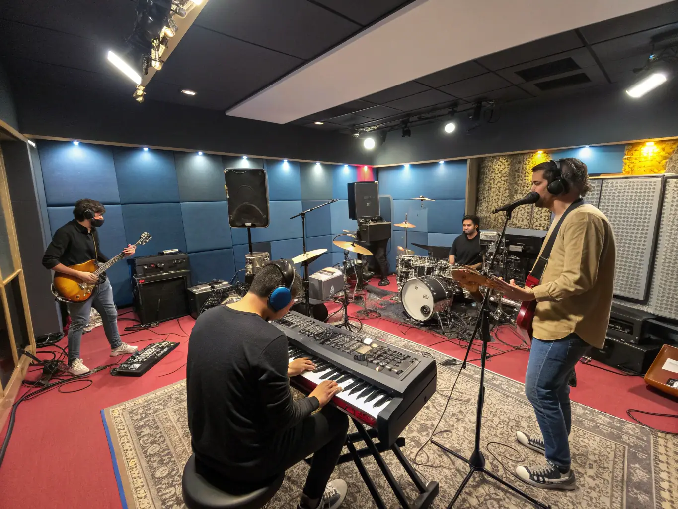A vibrant image of a group of musicians participating in a jazz workshop, showcasing diverse instruments and enthusiastic engagement, set in a modern, well-lit studio environment.