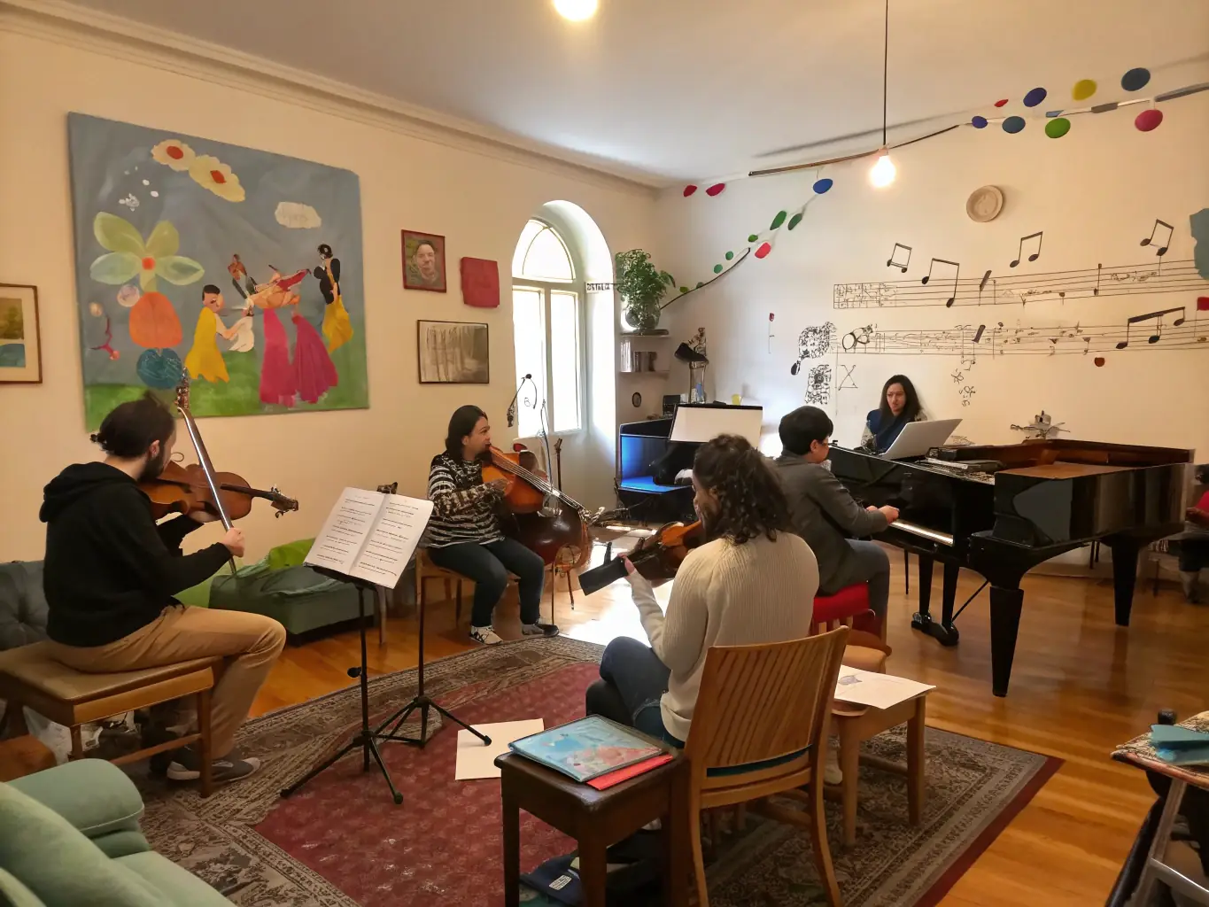 A vibrant image of a group of musicians participating in a jazz workshop at WEST ROCK, showcasing collaboration and learning.