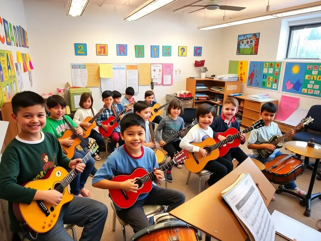 An engaging image of children participating in a music education program at WEST ROCK, highlighting the joy and creativity of learning music.