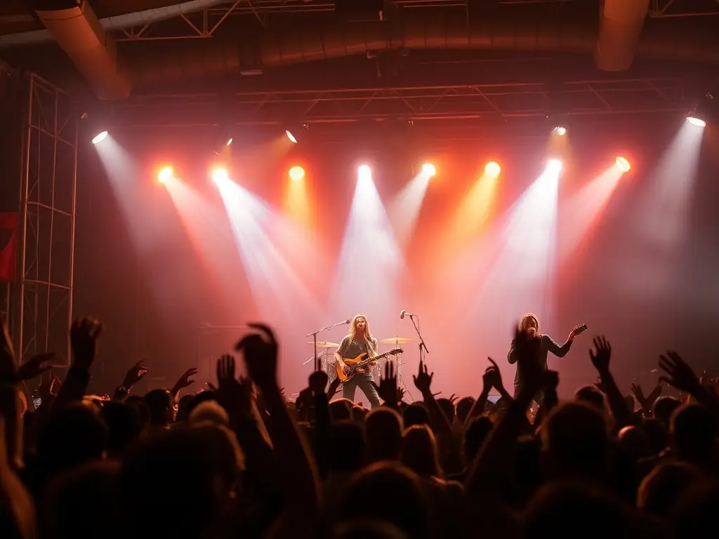 A dynamic image of a rock band performing live on stage at a WEST ROCK venue, capturing the energy and excitement of a live music event with a diverse audience.
