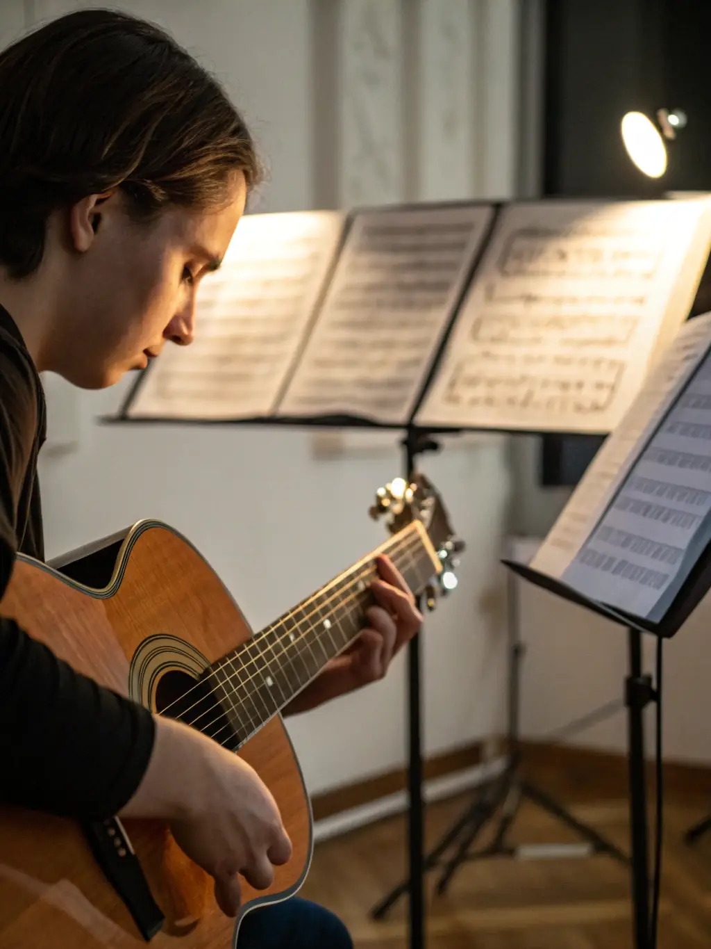 A musician practicing guitar in a WEST ROCK rehearsal room, showcasing the supportive environment for musical development.